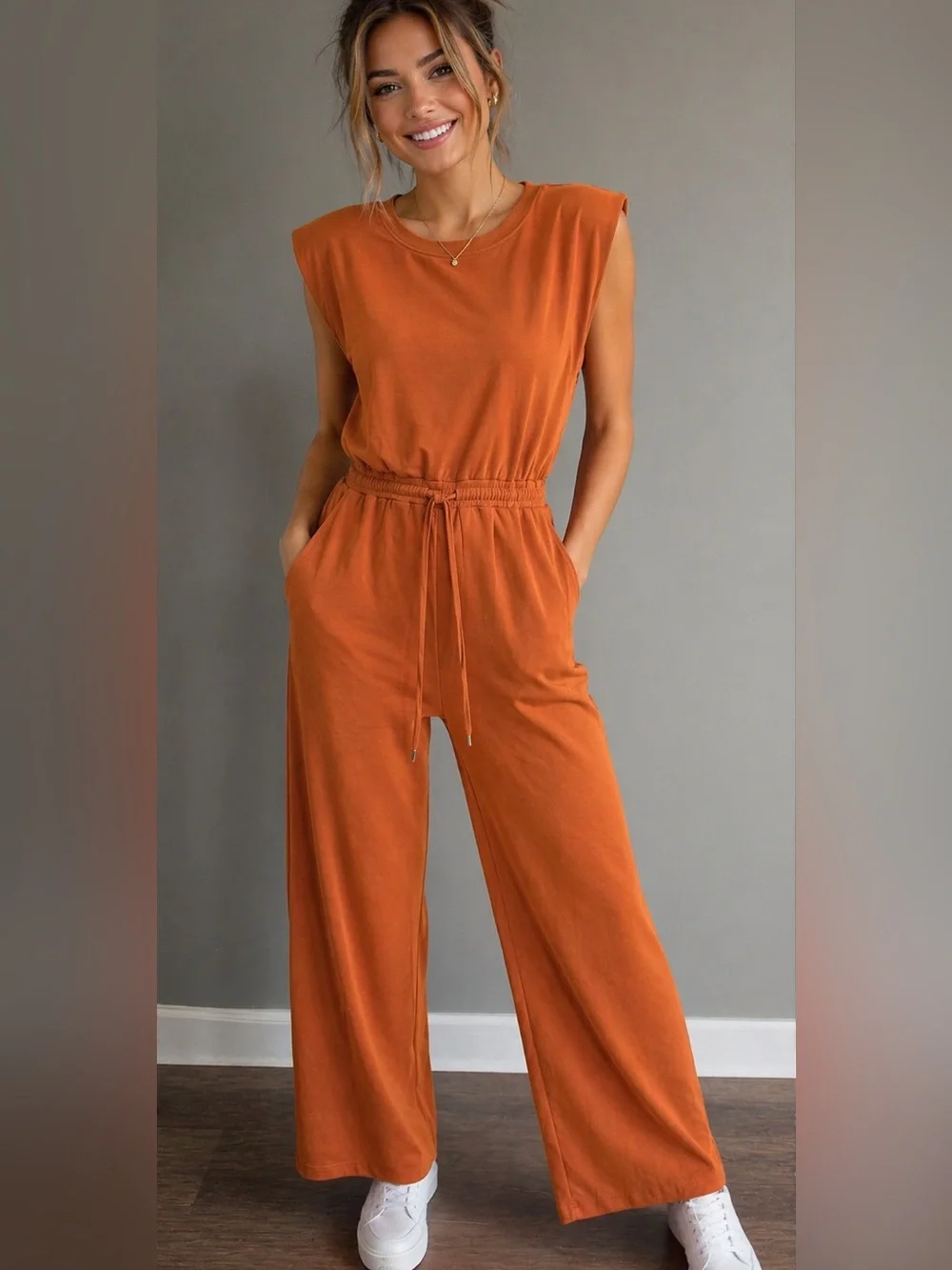 Skies Are Blue Modal Women's •Brown• Sleeveless Jumpsuit with Drawstring Waist - Picture 1 of 10